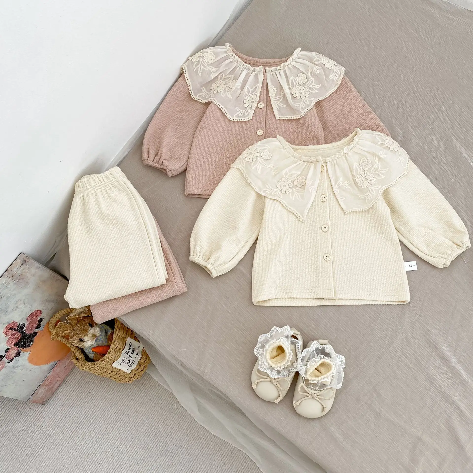 

2025 Autumn New Baby Long Sleeve Clothes Set Girls Lace Collar Cardigan Tops + Pants 2pcs Suit Kids Cotton Versatile Outfits