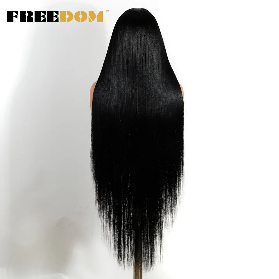 FREEDOM Lange Gerade Synthetische Lace-Front-Perücken für Frauen 38 Zoll Weich 13X4 Freier Scheitel Schwarzes Haar Lace-Frontal-Perücke Vorgezupft – Detail 5
