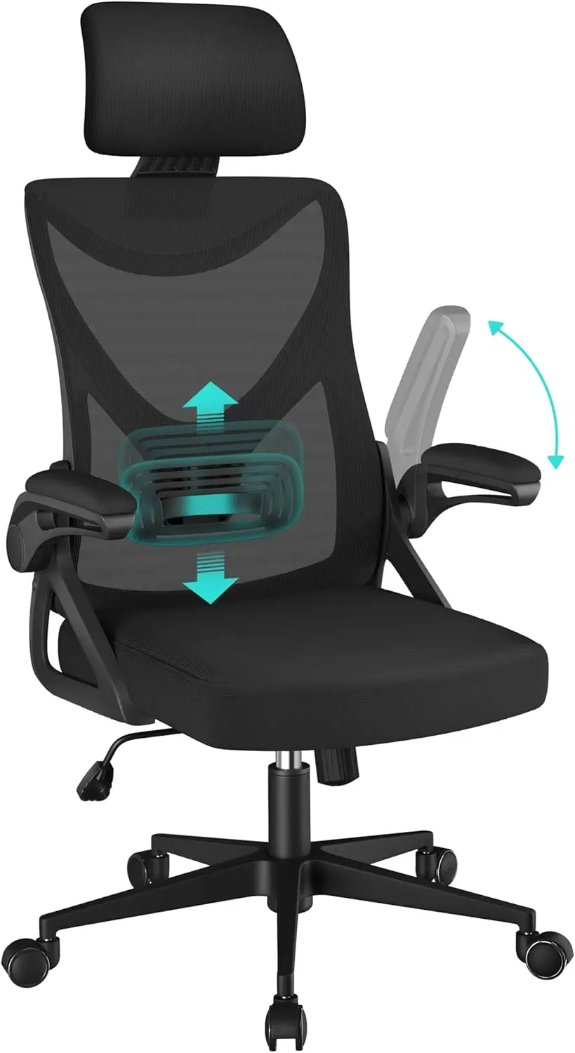 Silla de Oficina Ergonómica con Soporte Lumbar, Silla de Escritorio con Reposabrazos Ajustables, Silla de Oficina con Reposacabezas y Base