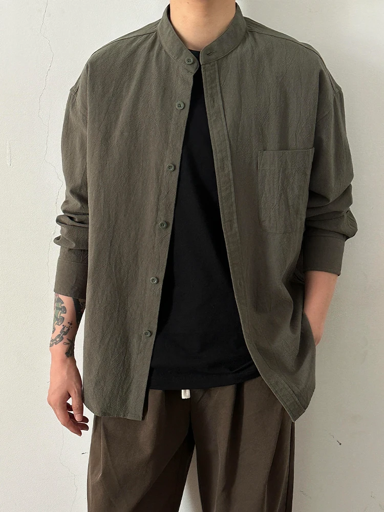 

Military Green American Retro Stand Collar Men's Long Sleeve Shirt Cleanfit Workwear Jacket Autumn New Chinese Style Shirt
