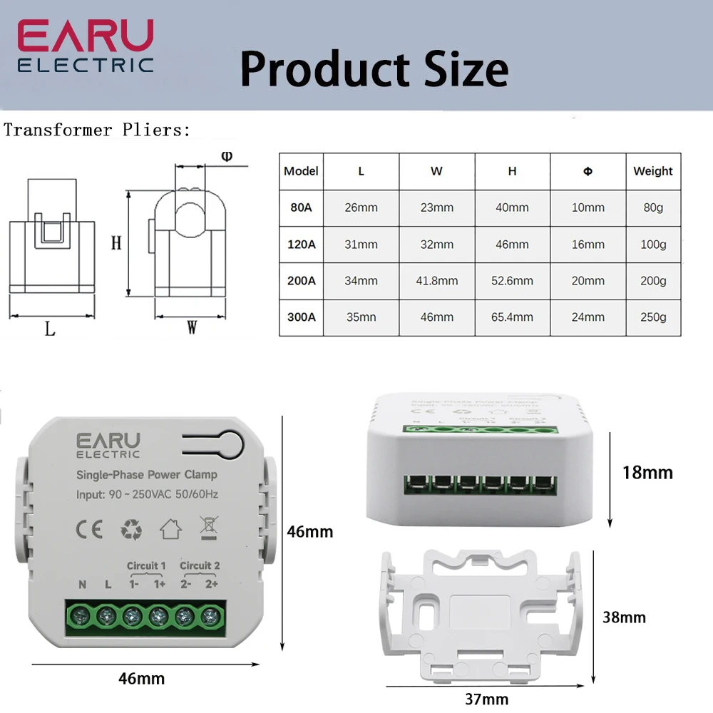 Tuya Smart WiFi Zigbee Two-way Bilateral Energy Meter 80-300A AC110V 220V Clamp CT KWh Power Electricity Consumption Monitor