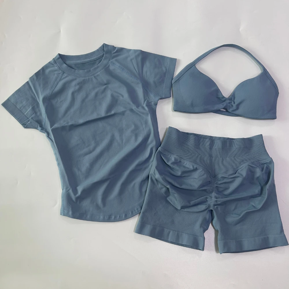 3-teiliges Workout-Set für Damen: Sport-BH mit Trägern + Sport-Top mit langen Ärmeln + Yoga-Shorts, Sportanzug, Yoga-Kleidung, Fitness-Outfit – Detail 22