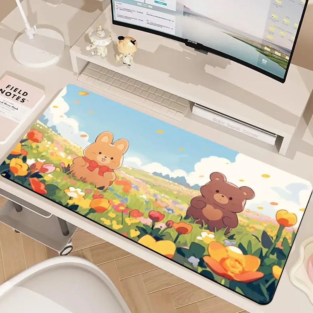 Cute Cartoon Bear Rabbit Large XXL Mouse Pad Non-Slip Gaming Desk Mat Keyboard Pad Flower Picnic PC Gamer Computer Accessories