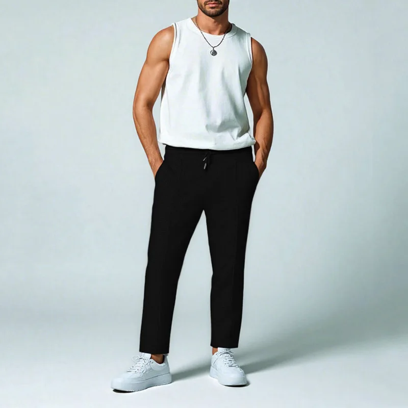 Mens Stylish Waffle Pants - Casual Sports Slim Fit with Adjustable Drawstring Secure Pockets for All Seasons - Perfect Outdoor