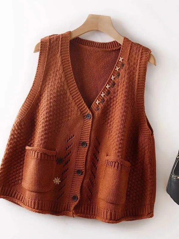 

Spring New Sle Loose Casual Vintage V-Ne Knitted Vest Women's Outerwear Cardigan Versatile Open Front Svel Top