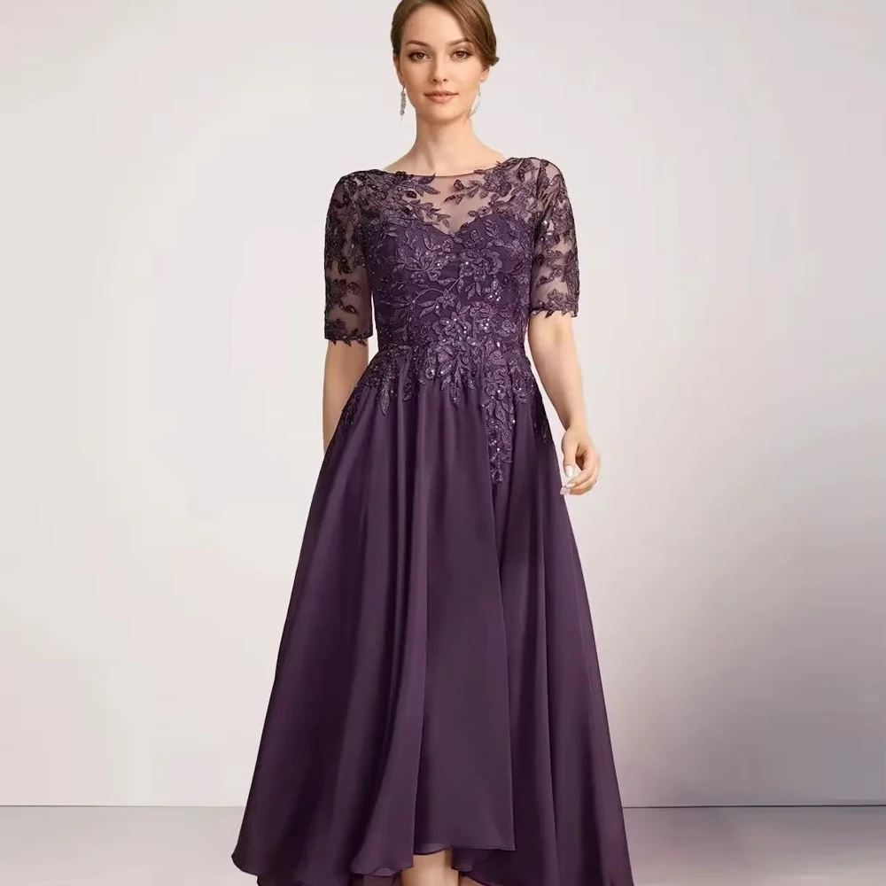 Customized Length Applique Mother of Bride Dresses Chiffon A Line High Low The Groom Dresses Sequined  Wedding Party Dresses