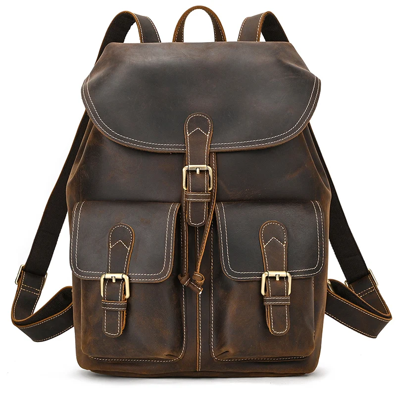 Luufan mochila de couro genuíno dos homens do vintage cavalo louco balde de couro daypack grande capacidade masculino mochila de viagem sacos de