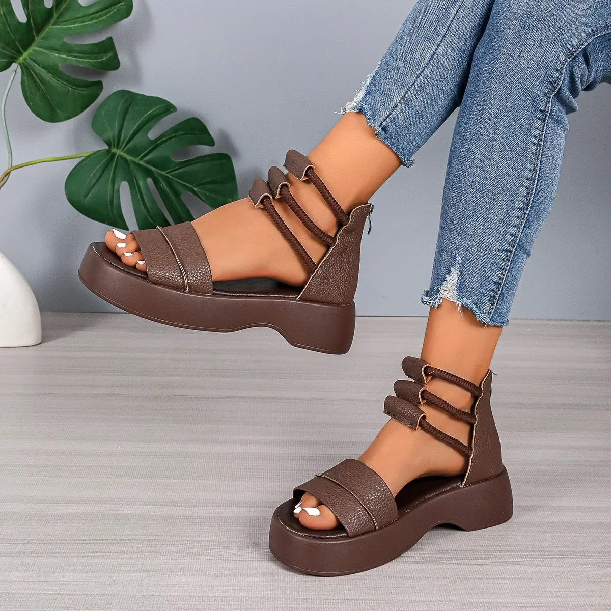 Women\'s  Brown Sandals Black 2024 New Summer Women Leather Cool Ankle Boots Platform Shoes Med Heels Fashion Outdoor Sandalias