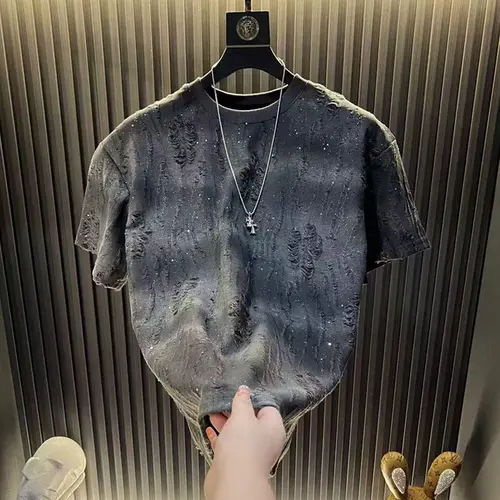 Imagen 2 del producto 2025 caliente nuevo verano hombres de manga corta de moda de lujo desgastado cuello redondo media manga camiseta Top