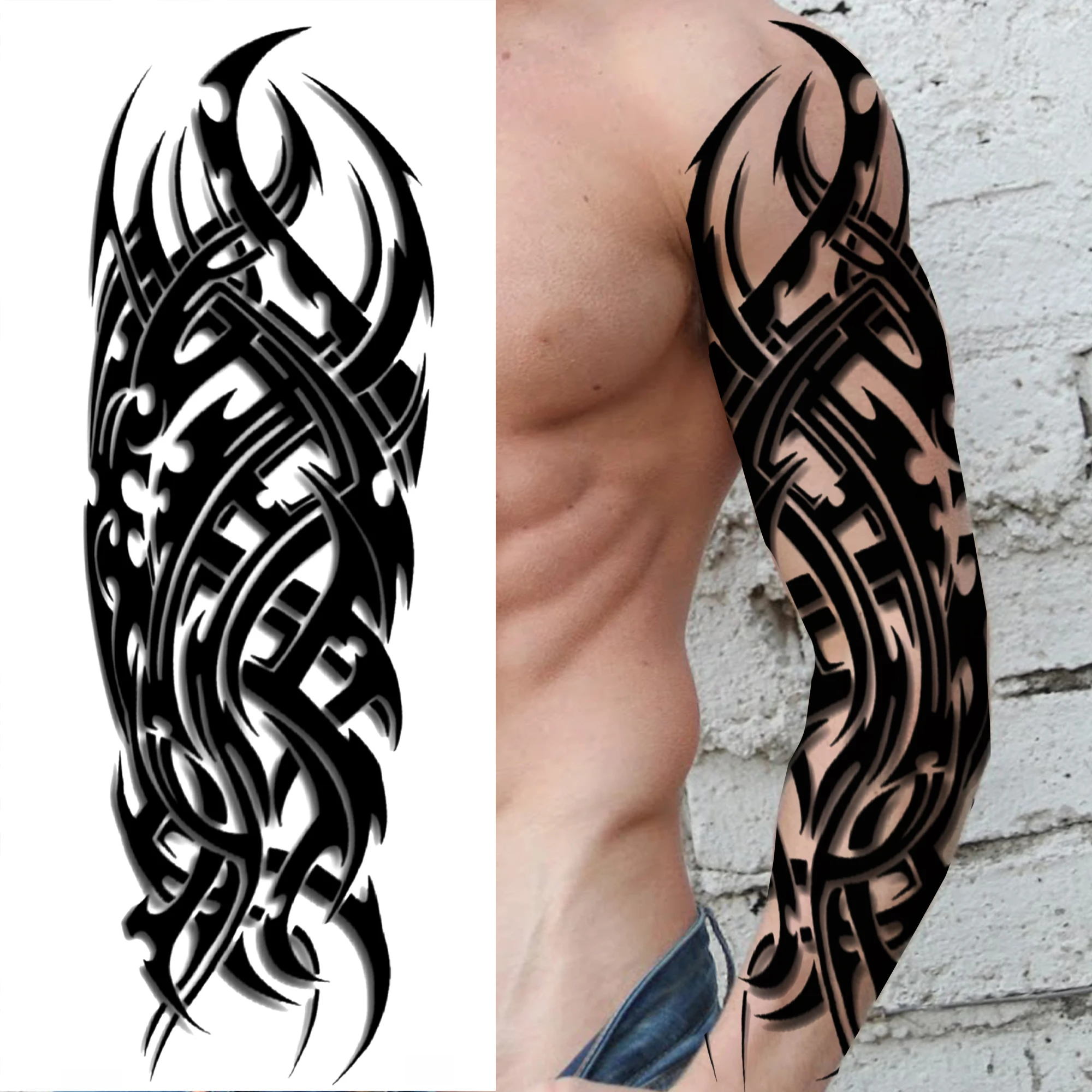 1 Sheet Tribal Maori Totem Full Arm Armband Barbed Wire Temporary Tattoos For Men Adults Fake Black Temp Sticker Sleeve Large