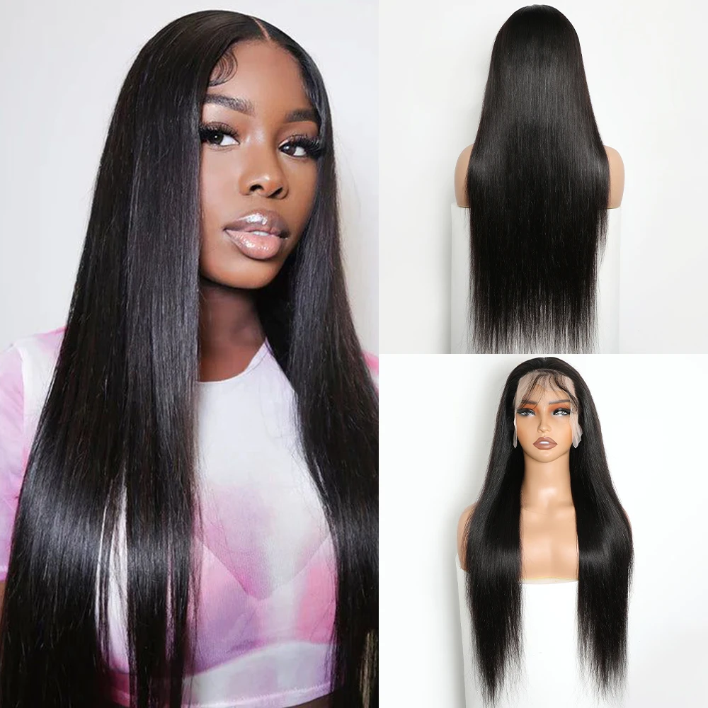 

ALIBELE Human Hair Wig Lace Front Wig Straight Transparent Lace Frontal Wig Pre Plucked Natural Black 12A Virgin Hair