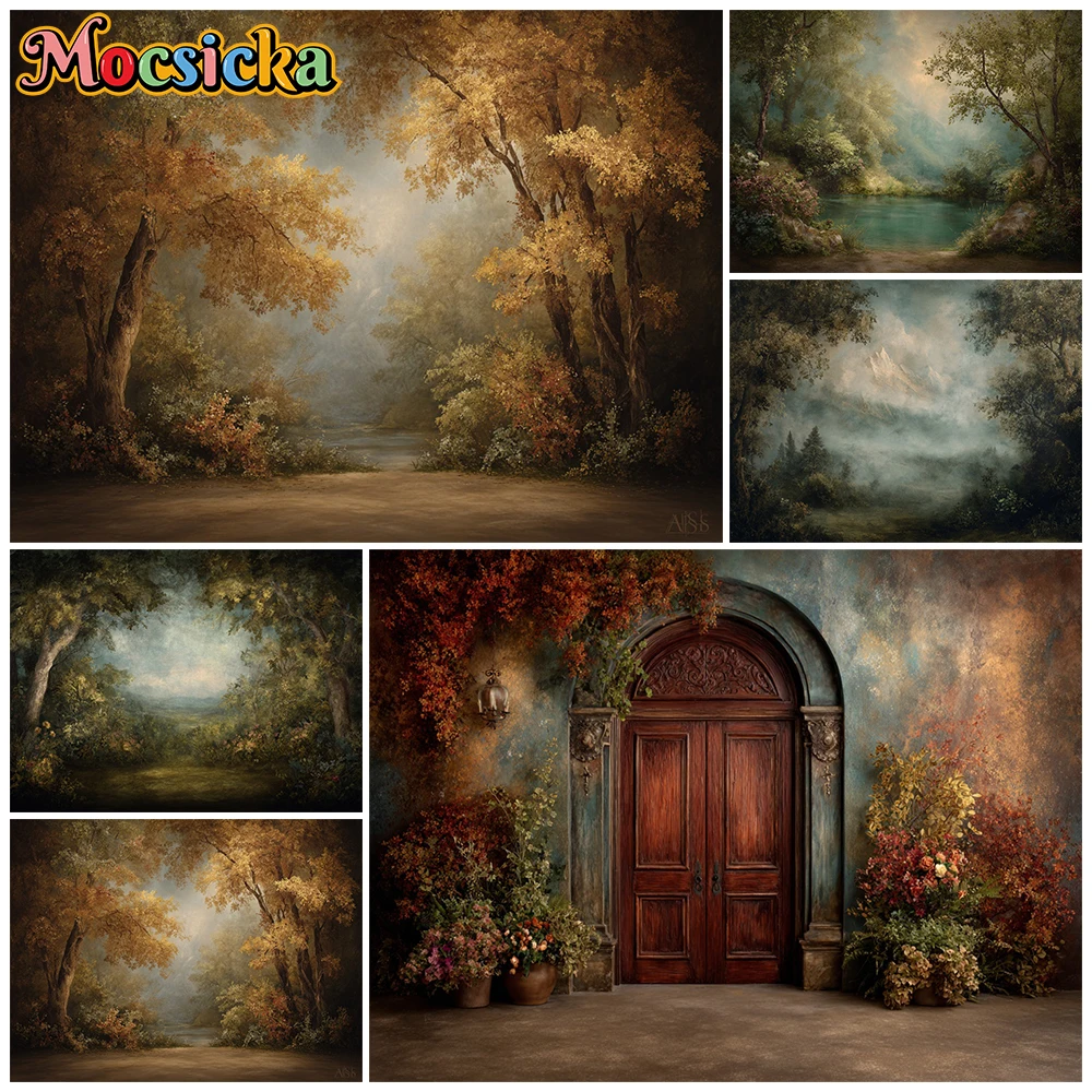 Mocsicka Vintage Autumn Forest Photography Backdrop Oil Painting Fall Tree Background Wedding Baby Fine Art Portrait Photoshoot