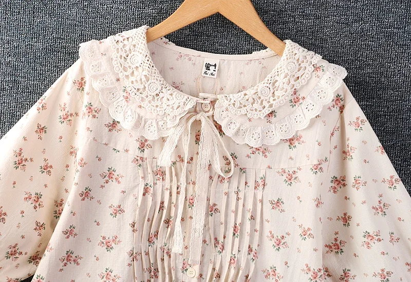 Summer New Sweet Mori Style Hollow Hem Floral Print Shirt Women Short Sleeve Single Breasted Embroidered Cotton Tops