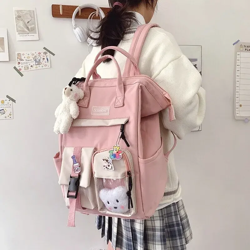 

Women Waterproof Candy Panelled Color Backpack With Ornaments Fancy High School Bags For Teenage Girl Cute Travel Rucksack