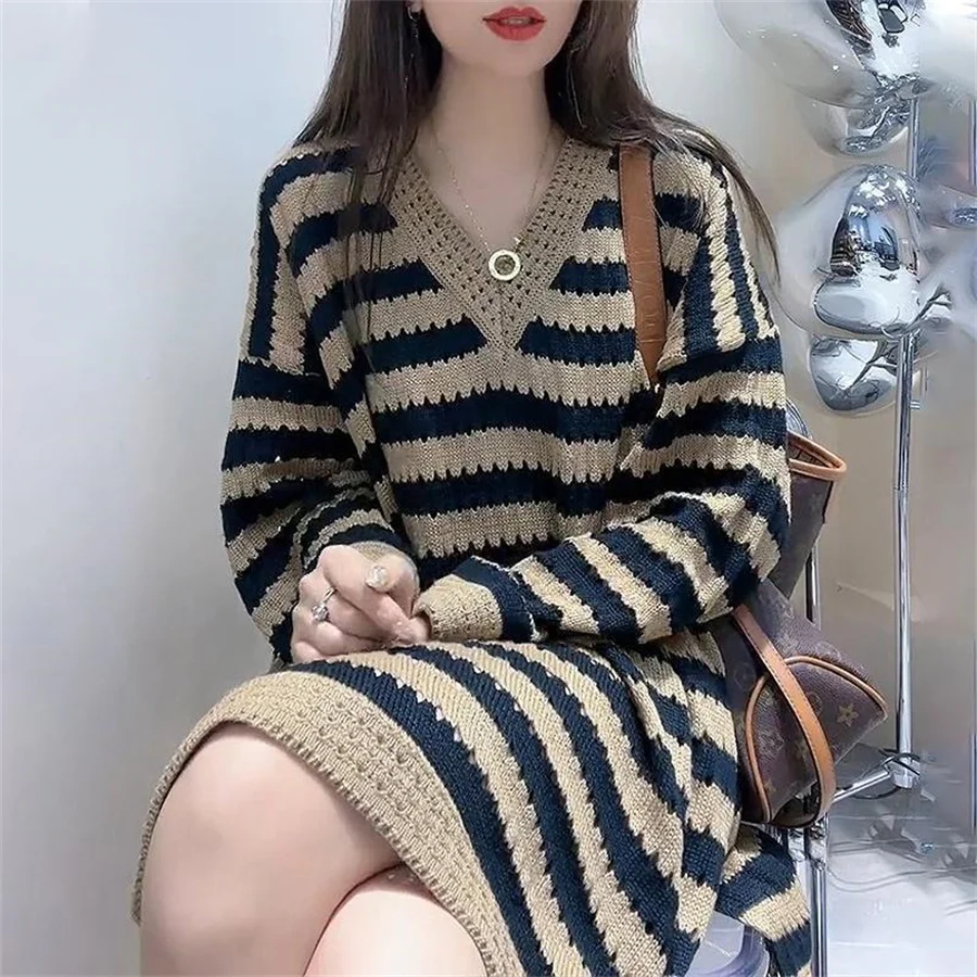 Fashion 2023 Women Autumn New Round Neck Knitted Pullover Striped Long Sleeve Sweater Women's Clothing Streetwear