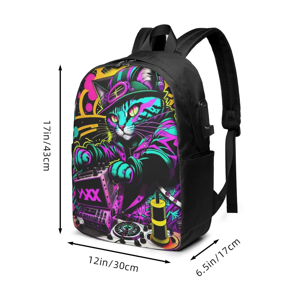 Cat Colorful Graffiti DJ Backpack Travel Notebook Bag Computer College Student School Bag Laptop Shoulder Bags for Men Women