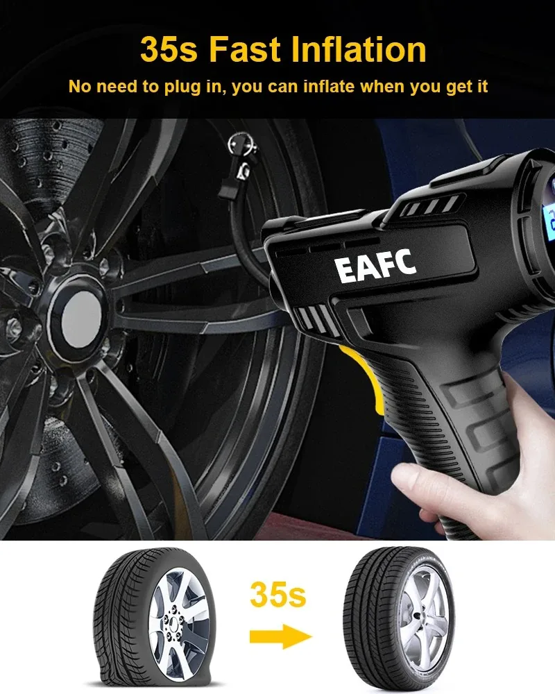 EAFC 120 W tragbarer Luftkompressor, kabellose aufblasbare Pumpe, tragbare Luftpumpe, Reifenfüller für Auto, Fahrrad, Bälle, Motorrad, LED-Leuchten, UBS-Ladegerät – Detail 10