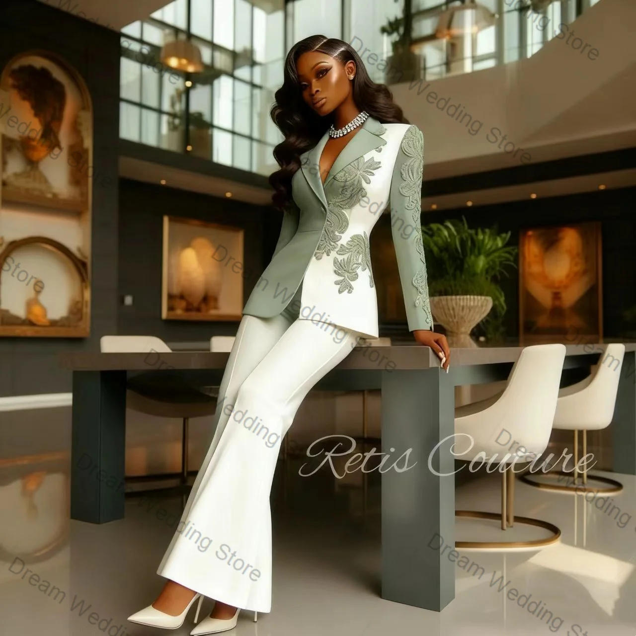 Conjunto de traje de mujer blanco de Color empalmado, 2 uds., Blazer + Pantalones, chaqueta Formal de algodón con apliques para oficina, abrigo personalizado para invitados de boda