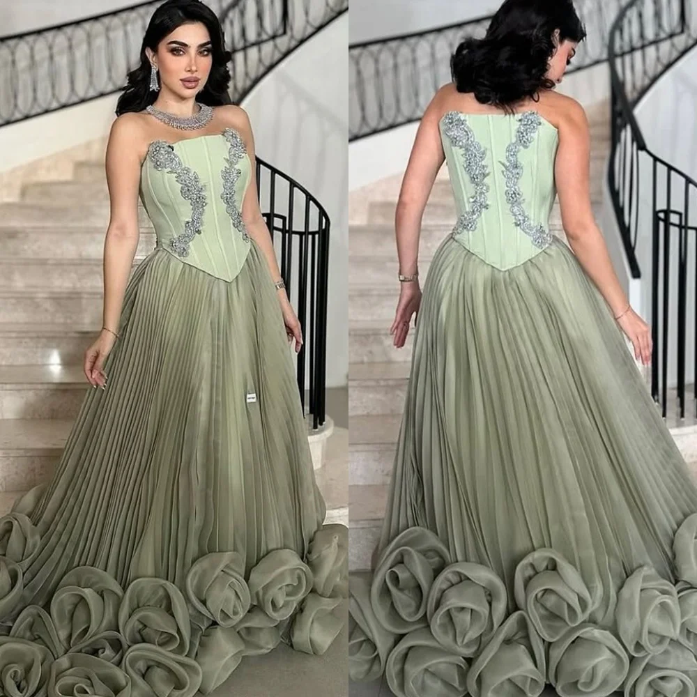 Customized Exquisite Green Organza Vestido De Noche Elegant Strapless Crystal Tiered Crystal Zipper Back Vestido De Festa 2