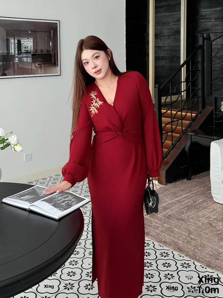 

Новый китайский Sle с золотой бамбуковой вышивкой, длинный доктор, большие размеры, свадебная церемония помолвки, красный Dr для женщин больших размеров