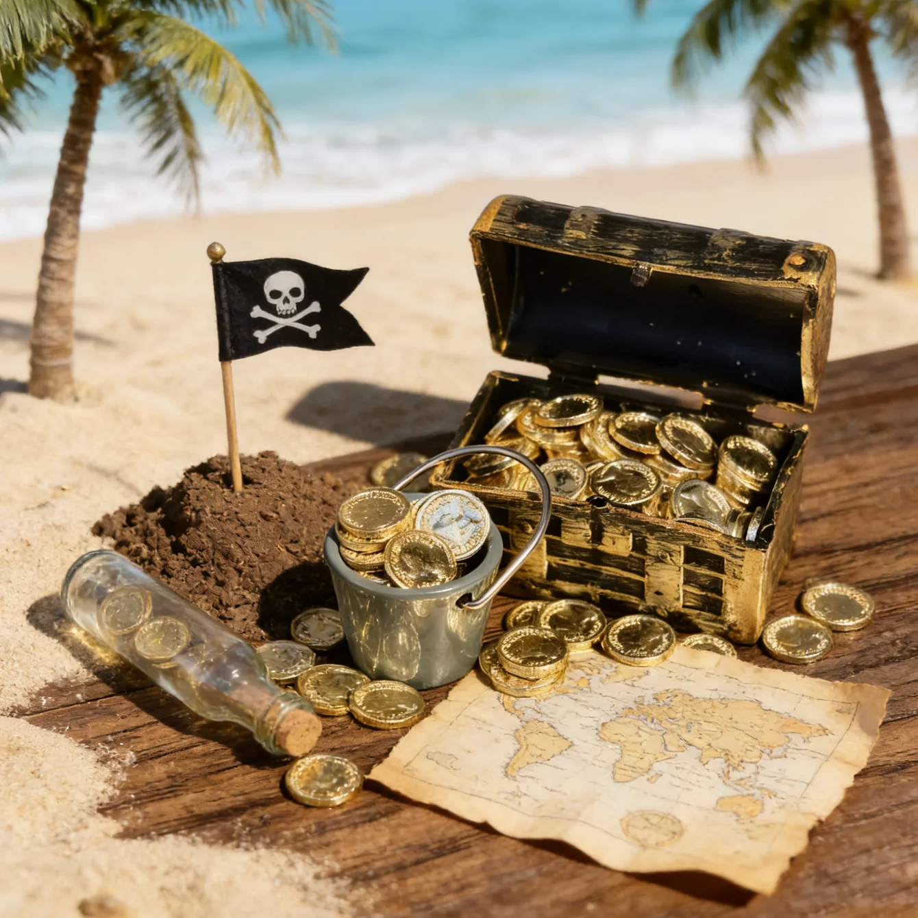 31-teiliges Miniatur-Set mit 1 Fass plus 30 Goldmünzen, Miniatur-Piratenschiff-Schatzsuche-Dekoration, Requisiten für Schießszenen – Detail 3
