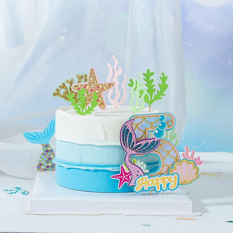 Ocean Series Cake Decoration Flag Sea Themed Mermaid Themed  Mermaid Sea Star Plug-in Birthday Party  Princess Party Supplies