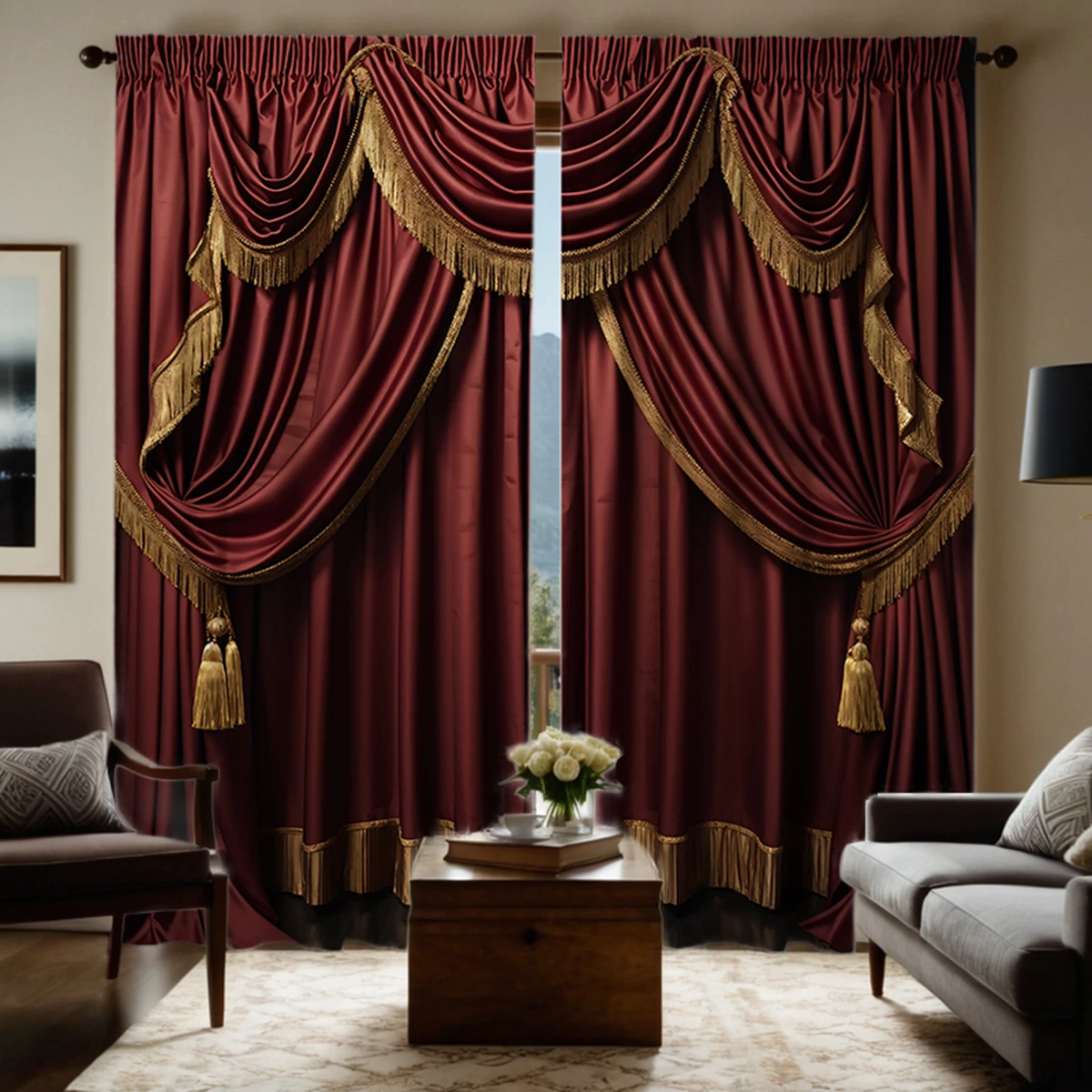 2-piece HD digital burgundy color system luxury festive curtains home decorating style decoration living room bedroom through th