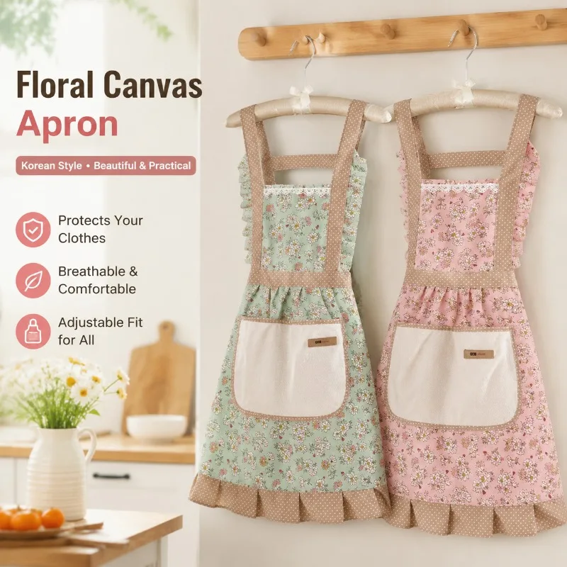 Canvas Apron for Women Kitchen Cooking Work Apron, Floral Print Adjustable Neck Breathable Protective Apron, Korean Style