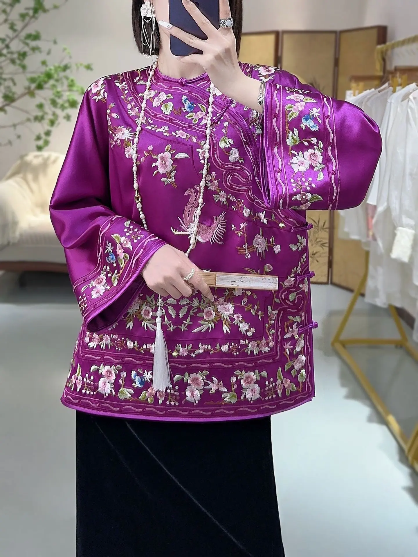 2024 New Autumn Chinese style Full Embroidery Flower Tang Costume Loose Round Neck Asymmetric Single Breasted Top Jacket S-XXL