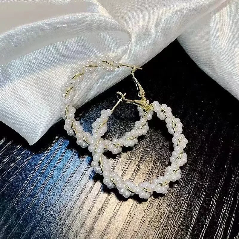 Korean Fashion Weaving Twisted Imitation Pearl Large Ring Earrings Women's Elegant Temperament Jewelry Holiday Party Accessories image 4