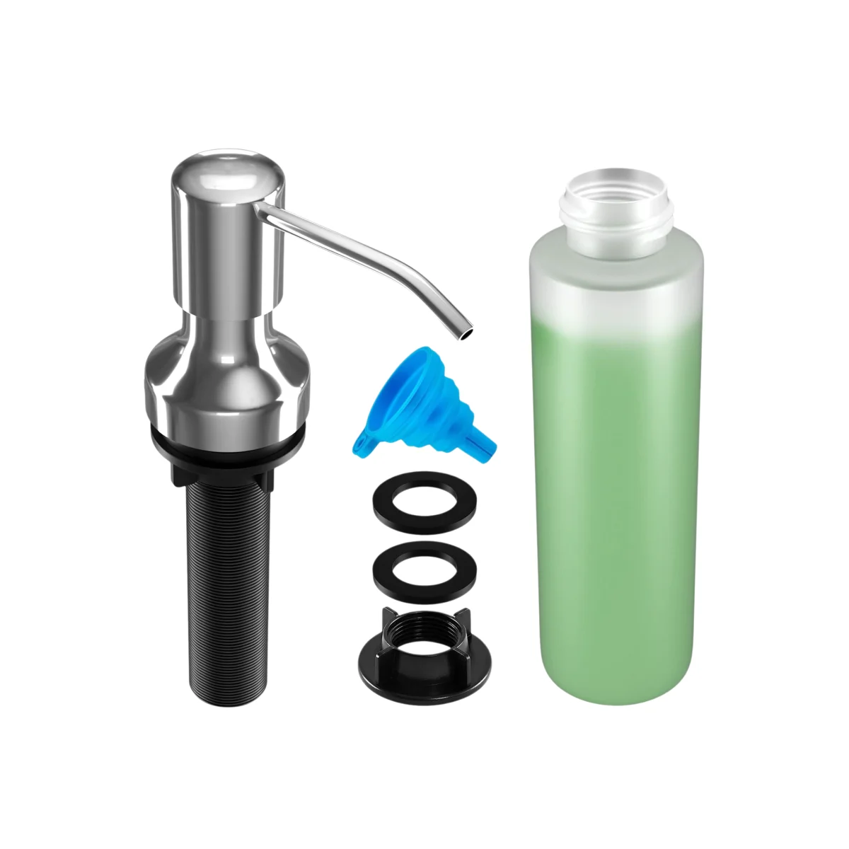 

304 Stainless Steel Kitchen Sink Soap Dispenser Refill from the Top 500ml Bottle Long Threaded Shank Wide Pump Head