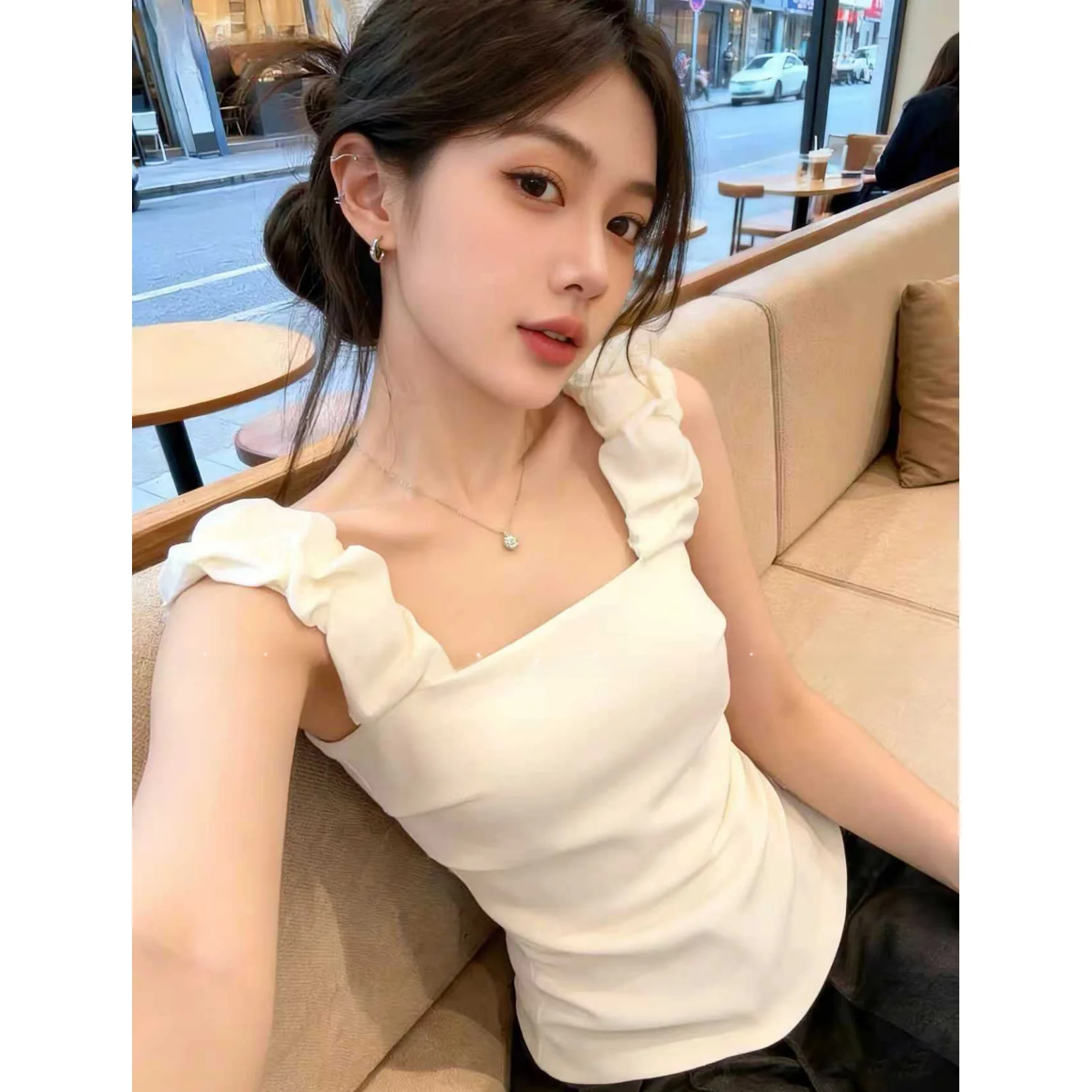 

Slimming Women's Summer New Style Square Collar Vest Self-Kept Model with Chest Pad Strap Outerwear Top Korean Style Commute