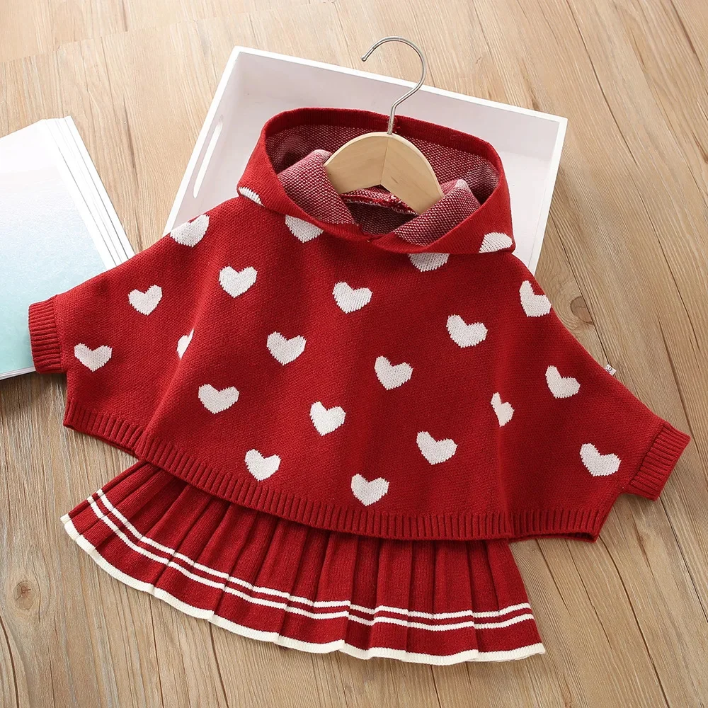 

Autumn Winter Clothes For Baby Girls Sweater Sets New Year Festive Party Wine Red Hooded And Skirt 2PCS Set Kid Birthday Dress