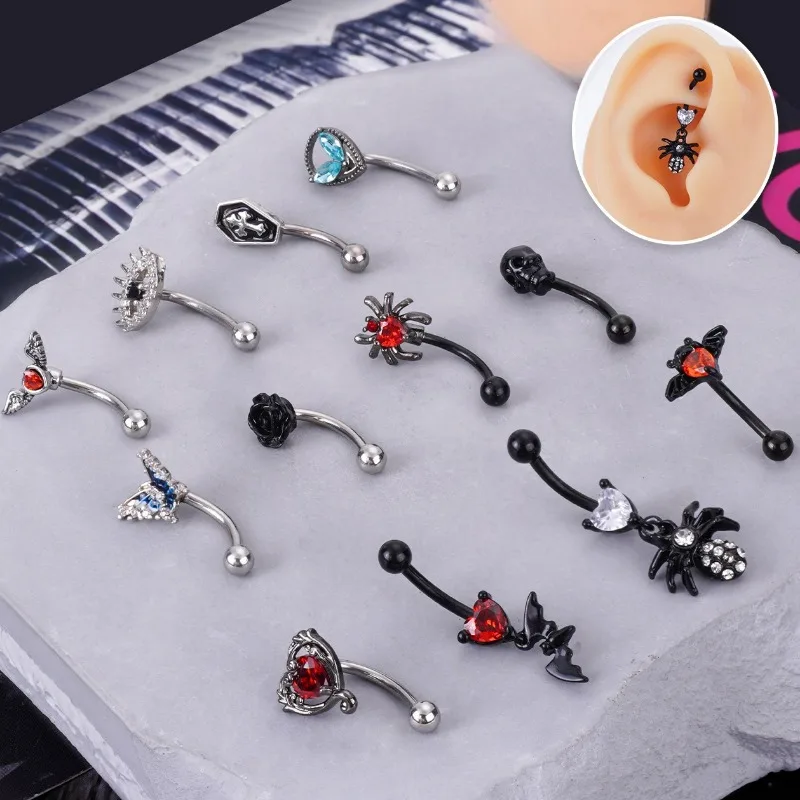 Heart Eyebrow Rings Alien Head Rose Bat Gothic Coffin Cross Skull Eyebrow Bone Nail Ear Tragus Piercing Jewelry