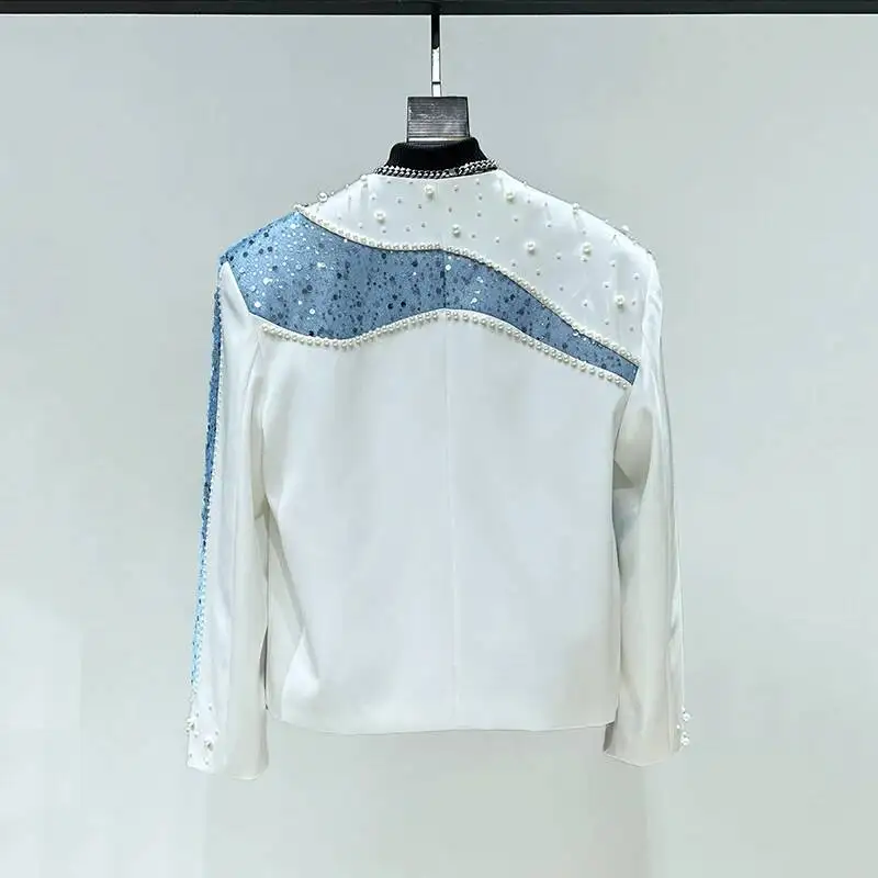 Personality Patchwork Color-Block Pearl Sequin Men Jacket Stage Performance Design Niche Cardigan Long Sleeve Coats ZD35