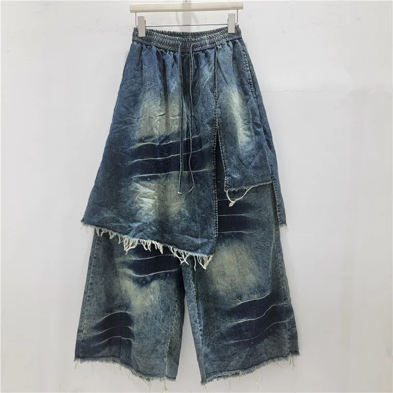SuperAen Korean-style Fashion High Waist Casual Denim Long Skirt Pants for Women Spring High Street Loose Asymmetrical Pants