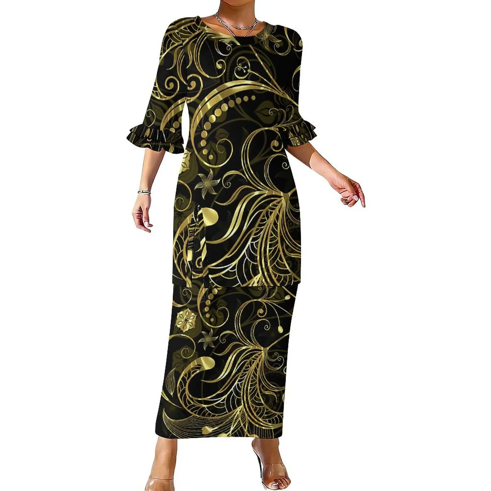 

Летний комплект одежды для женщин в полинезийском стиле от Summer Tribe - элегантное и повседневное платье-пулетаси с двойными плиссированными рукавами в форме лотоса.