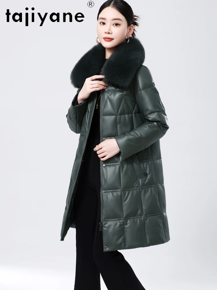 TAJIYANE 100% الطبقة العليا جلد الغنم أسفل معطف امرأة الأخضر جلد طبيعي طويل سترة منفوخة الثعلب الفراء طوق 2025 الملابس الشتوية