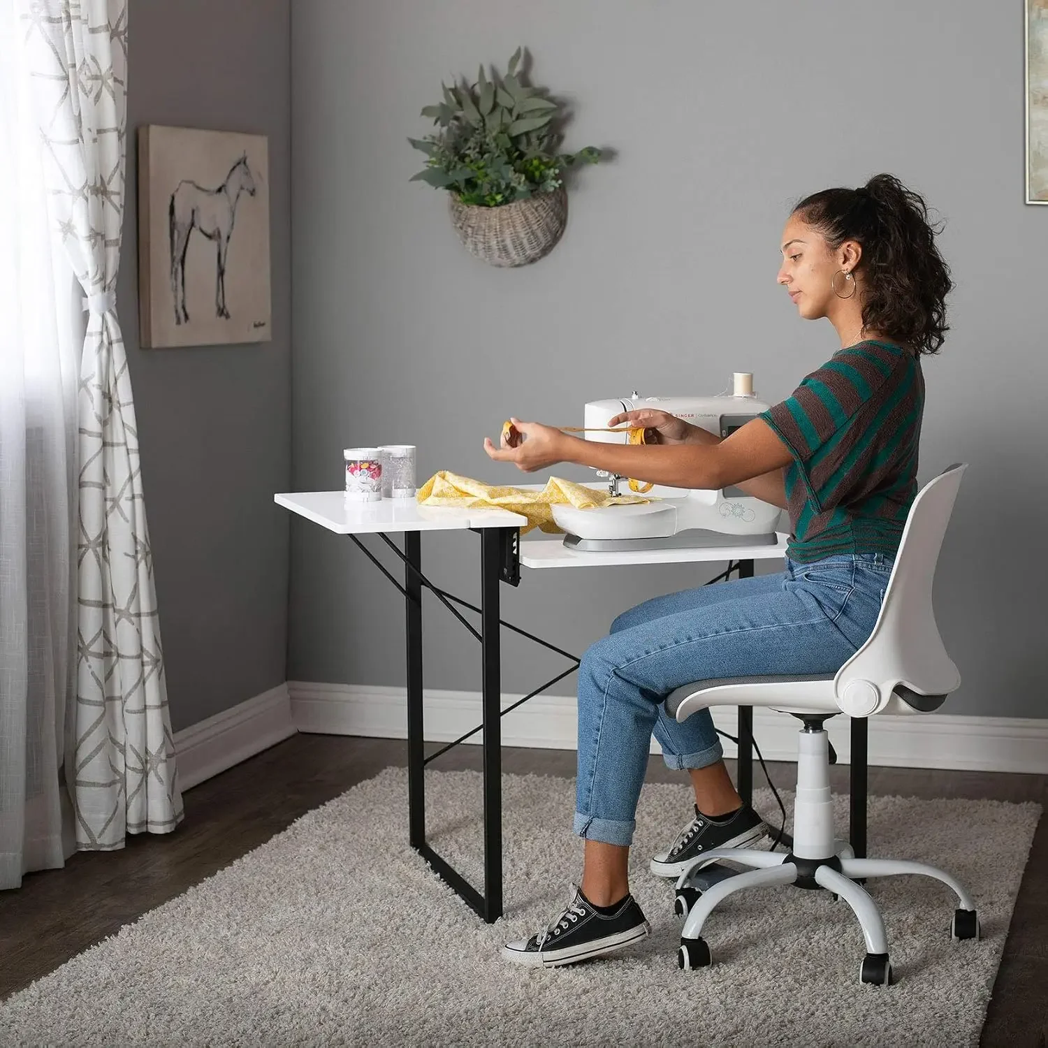 Dart Wood/Metal Multipurpose Machine Table Workstation Desk with Folding Top for Crafts, Sewing, Computers, Laptops, Games