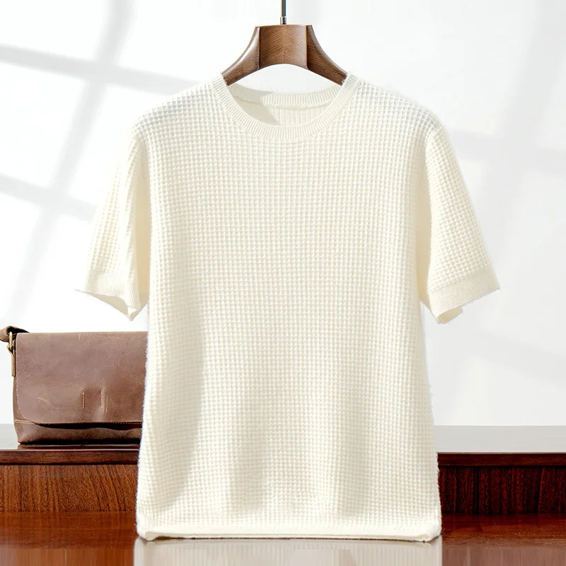 Men's 100% Cashmere Short Sleeve T-Shirt Summer Waffle Knitwear Casual round Neck Solid Color Knitted Top for Men