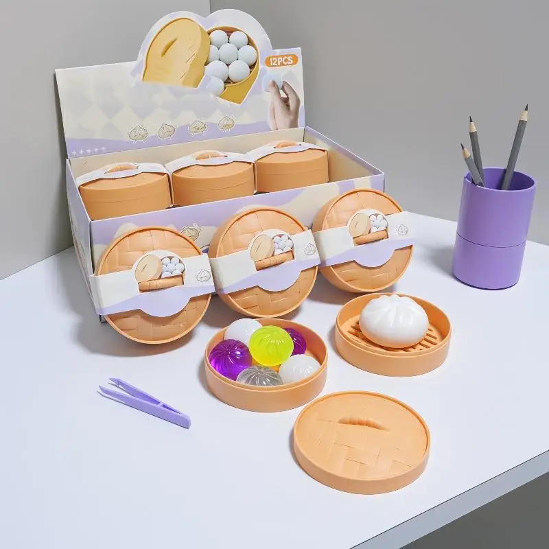 6Pcs Party Favors Gift Mini Dumplings With Steamer Bun Squeezable Toys Set Soft Stress Relief Crystal Fidget Sensory Toy