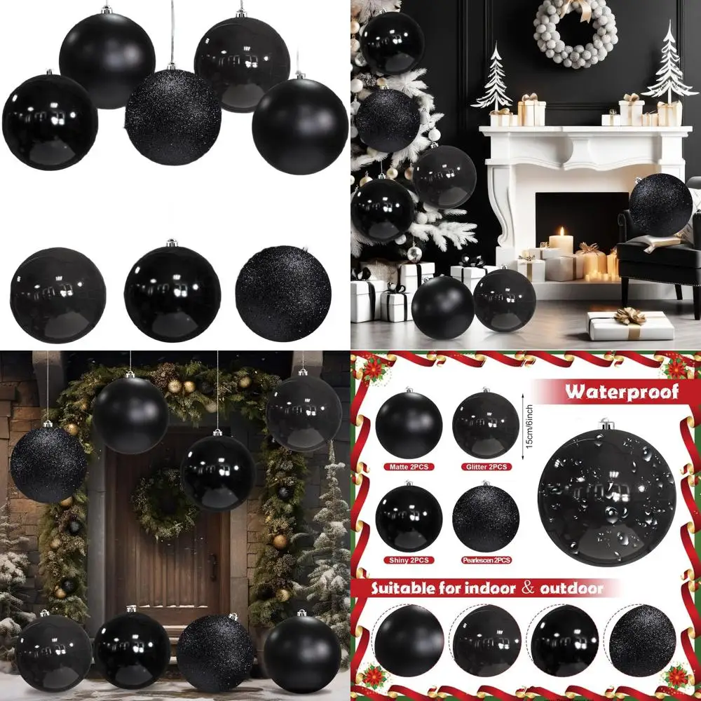 

6 черных пластиковых шариков для рождественских украшений Jumbo, большие подвесные украшения из 8 штук для праздников в помещении и на открытом воздухе
