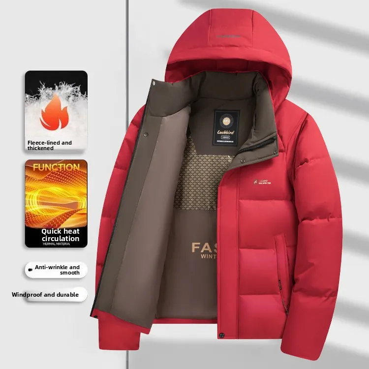 Men's Thickened Warm Cotton Jacket Winter 2025 Hooded Bread Style Windproof Coat Standard Fit Business Gentleman Polyester