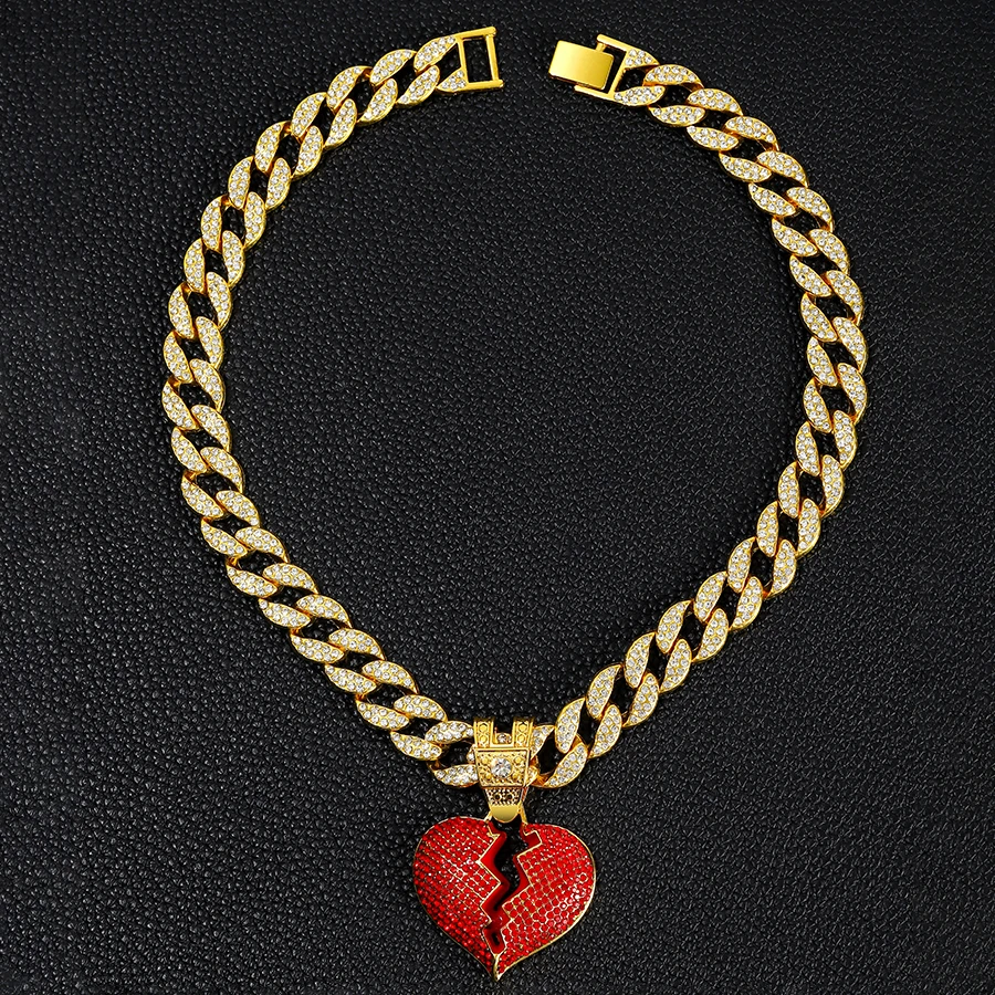 Iced out 15mm miami cuban chain jewelry alloy and rhinestone hip hop red heart pendant necklace