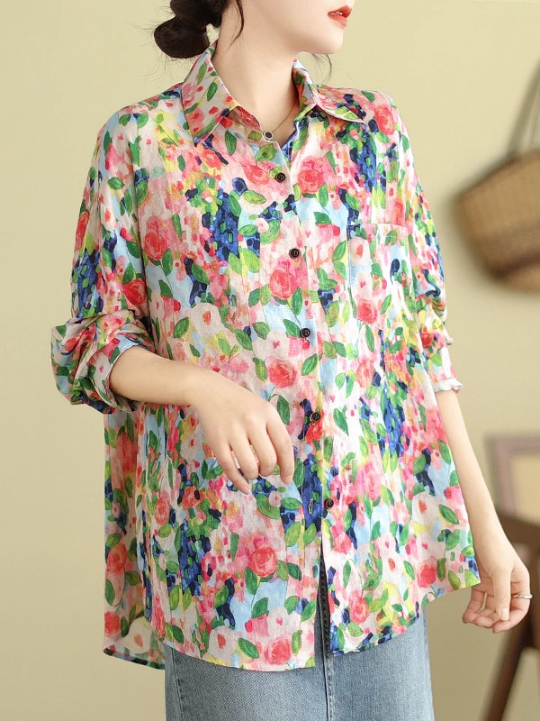 

Женский топ с цветочным принтом, длинный рукав, повседневный, премиум-качество, весна-осень, удобный свободный крой, нелинейный силуэт