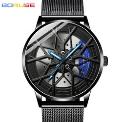 BORUSE Fashion Mens Car Wheel Watches Luxury Stainless Steel Mesh Watch Men Quartz Wristwatch Male Clock montre homme