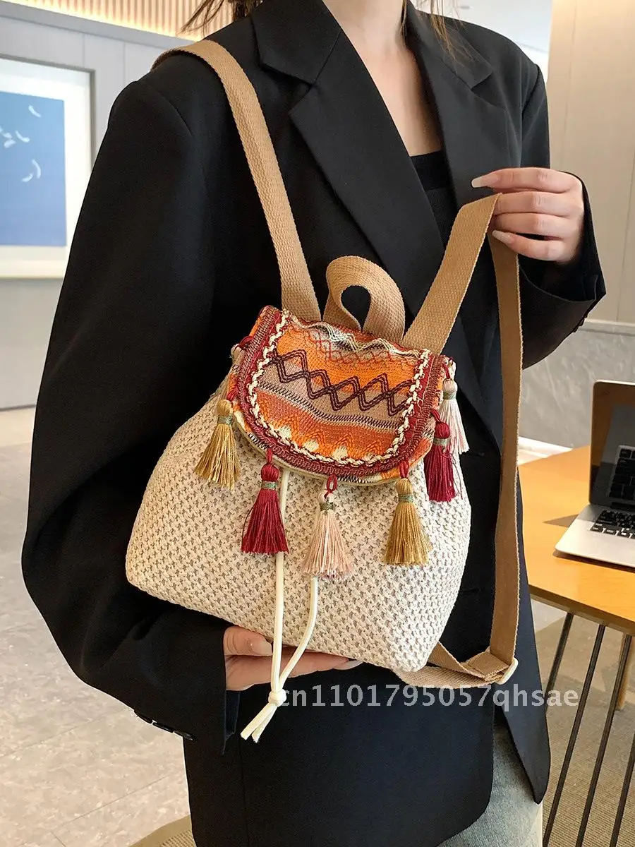 

Ethnic Style Backpack, Women'S New Style Woven Retro Shoulder Bag, Fashionable Contrasting Color Casual Travel Bag
