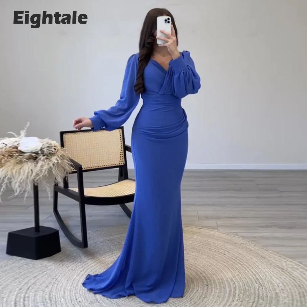 

Eightale Arabic Evening Dresses for Wedding Party V-Neck Chiffon Mermaid Long Puffy Sleeves Blue Formal Celebrity Prom Gowns