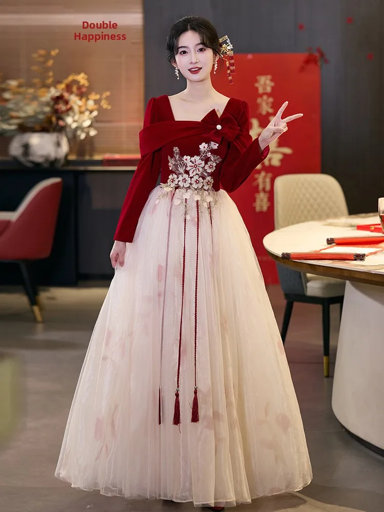 

Винно-красное длинное вечернее платье больших размеров с поясом, в винтажном стиле, с завышенной талией, для помолвки и свадебных торжеств