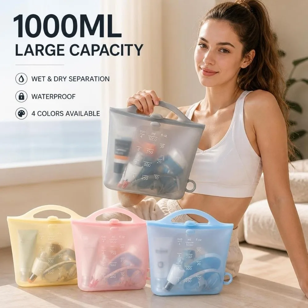 Waterproof Travel Bag Toiletry Bag 1000ml Capacity Dry Wet Separation Waterproof Swim Bag Silicone with Scale